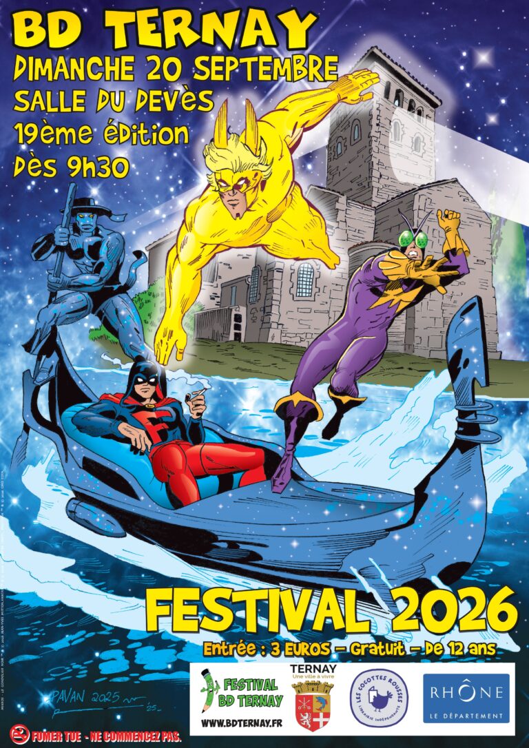 Affiche de la 19e édition du Festival BD de Ternay : quatre super-héros de comics, dont un homme jaune en plein vol et un personnage masqué allongé dans une barque, devant une église romane sous un ciel étoilé.
